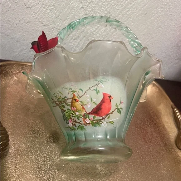 #1568**Elegant Glass Basket with Red Bird Accent. Accepting Reasonable Offers - Picture 4 of 15